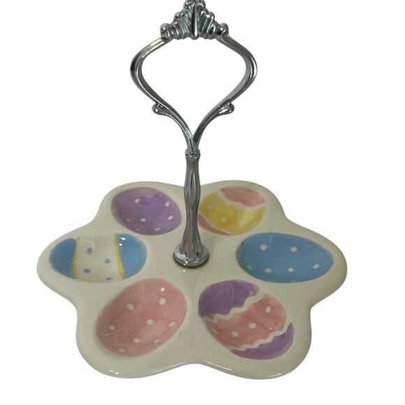 Easter Egg Tray Colorful Ceramic Platter Holds Six Dyed Eggs Silver Tone Handle - Picture 1 of 7